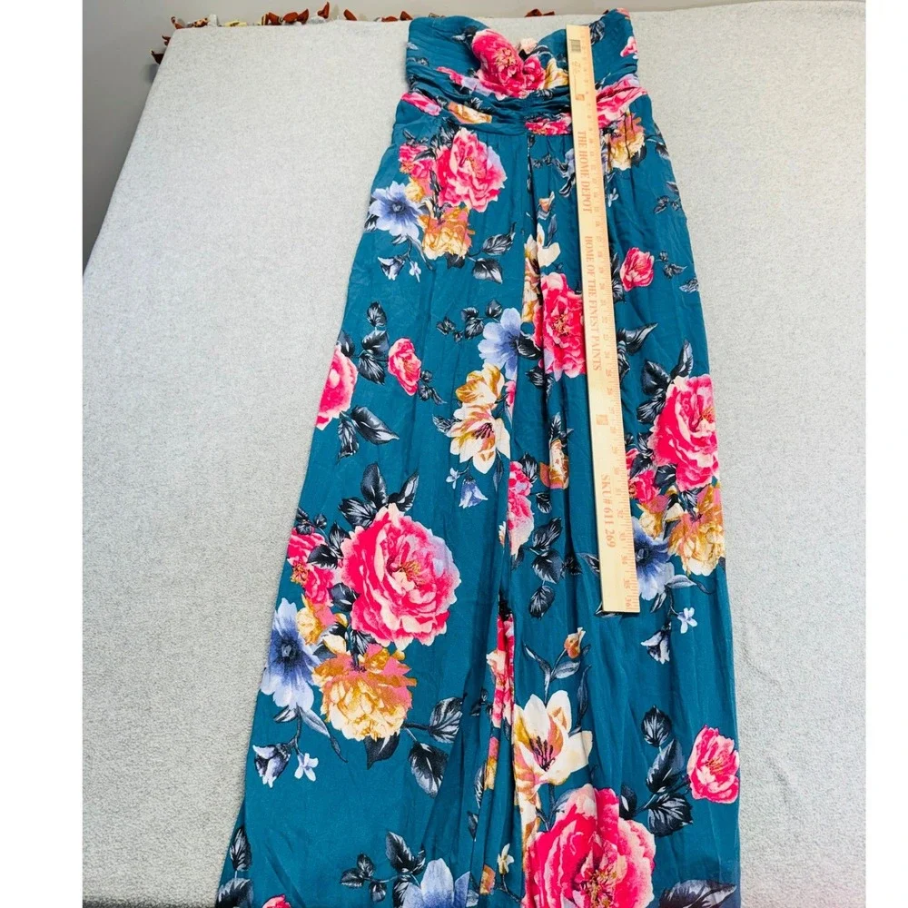 Heart Of Gypsy Jumpsuit Womens Large Teal Blue Floral Strapless Wide‎ Leg Boho